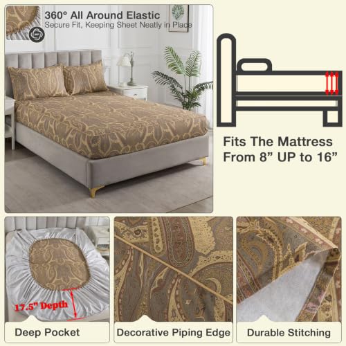 Image of Paisley Floral Percale Sheets Full Size Deep Pocket, Brown-Green | 100% Cotton Flower Print Boho Sheet Set, Beige Patterned Shabby Chic Bed Sheets, Luxury Designer Bedding, Soft Crisp, 4Pcs