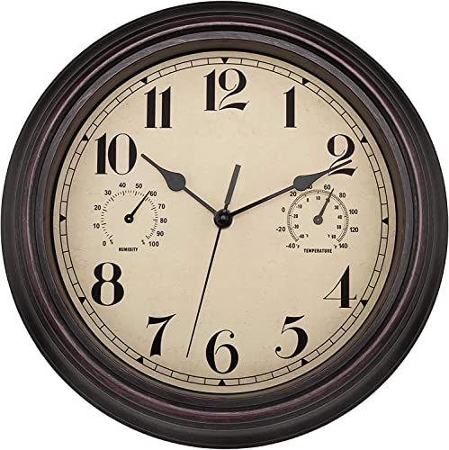Foxtop Innen Draussen Wetterfeste Wanduhr mit Temperaturanzeige und Hygrometer, Ohne Tickgeräusche Lautlos Retro Uhr für Terrasse Badezimmer küche Wohnzimmer Heim Dekor(Bronze,30cm)