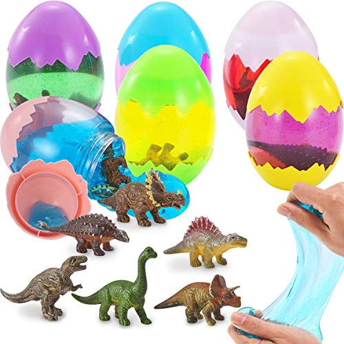 6 Pcs Jumbo Easter Eggs 4.25â€ Filled with Slime, Dinosaur Toys for Easter Eggs Hunt, Easter Basket Stuffers/Fillers, Party Favor, Classroom Prize Supplies