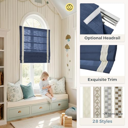 Image of TWOPAGES Liz No Drill Cordless Roman Shades Linen Textured Roman Blinds for Windows, Custom Made Room Darkening Blackout Roman Window Shades, Hardware Included, Navy Blue, 1 Piece
