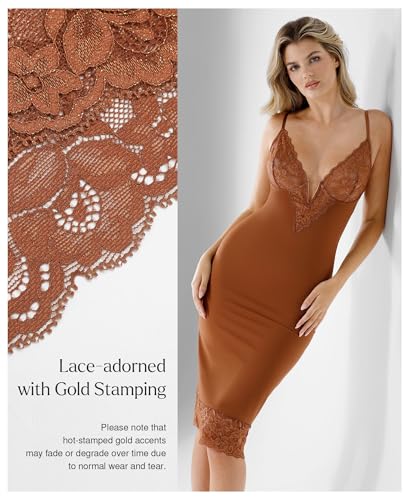Image of Popilush Brown Corset Lace Shapewear Dress Deep V Bodycon Midi Dresses for Women Satin Drape Slip Club Party Night Out