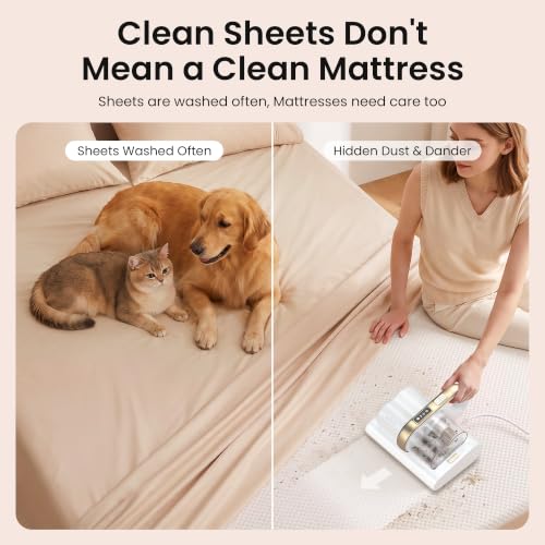 Image of HEAPETS Mattress Vacuum Cleaner, 16Kpa Bed Vacuum with 275nm UV-C Light & 149℉ Heat & Ultrasonic, Dual High-Speed Roller Brushes & H13 HEPA Filter for Pet Hair, Bed, Sofa, Couch, Corded White
