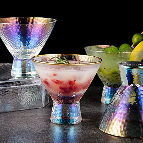 Lysenn Iridescent Stemless Martini Glasses Set Of 2 - Premium Hammered Cocktail Glasses For Weddings, Anniversary, Christmas, Party - 7.7Oz Gold Rim #TOP7