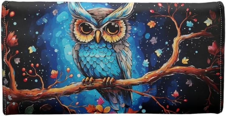 Blue Owl Zipper Coin Purse Card Cases Holder for Women Cartoon Owl Slim Long Wallet Starry Night Bird Art Print Extra Capacity Card Holder, With ID Window - Image 3