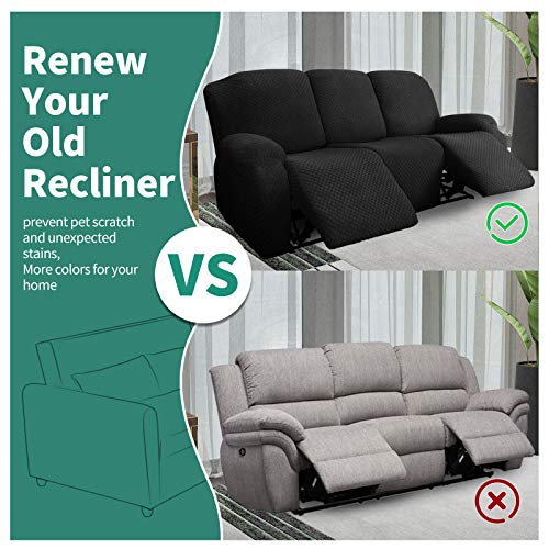 Image of YEMYHOM 8 Pieces Stretch Recliner Sofa Cover Jacquard Reclining Couch Cover with Side Pocket Anti-Slip Fitted 3 Cushion Furniture Slipcovers with Elastic Bottom (Sofa Recliner, Black), Large