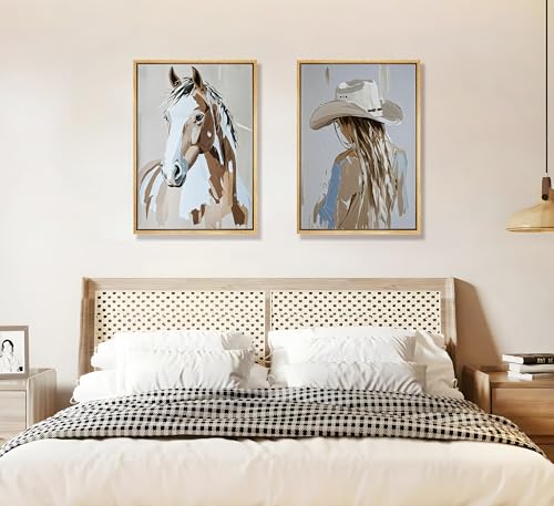 Image of FJKLRP 2pcs Western Cowboy Girl Wall Art with Hat Cowboy Girl and Horse Canvas Print Poster Western Oil Painting Style Decoration for Living Room Bedroom Home Wall Decor Unframed