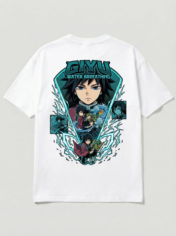 Image of Anime Printed T Shirt for Men | Demons Slayer Giyu Graphic Cotton Oversized Drop Shoulder | Black Round Neck Short Sleeve | Lightweight Casual Wear
