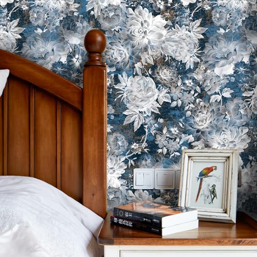 AROMMO Vintage Garden Peel & Stick Floral Wallpaper - Removable White/Blue Vinyl Self Adhesive Mural - 17.7in x 19.68ft — view 3