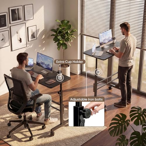 Image of Furmax 31.4 inch Small Portable Standing Desk Height Adjustable with Lockable Wheels, Mobile Stand Laptop Computer Workstation for Walking Pad Treadmil (Black)