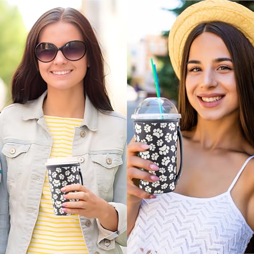 Image of KJQJLY 3 Pack Reusable Iced Coffee Sleeves for Iced Coffee Cups or Drinks Reusable Neoprene Insulated Sleeves for Hot and Cold Drinks from Starbucks, Dunkin, And More (Paw Prints)