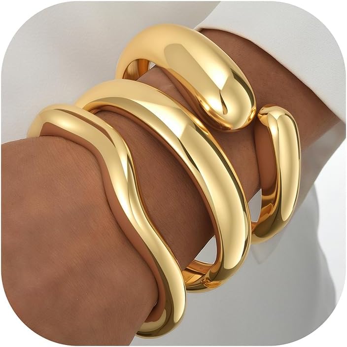 iF YOU Chunky Gold Bangle Bracelets for Women, 14k Gold Plated Multi Layer Stackable Cuff Bracelet Set, Trendy Statement Bracelet Stack Jewelry Gifts