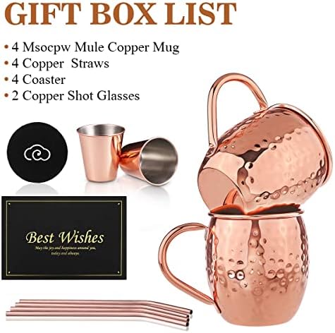 Baban Moscow Mule Copper Mugs Set of 4, Handcrafted Food Safe Copper Cups for Moscow Mule, 500 ML Gift Set Includes 2 Measuring Cups, 4 Curved Straws & 4 Coasters(9mm)