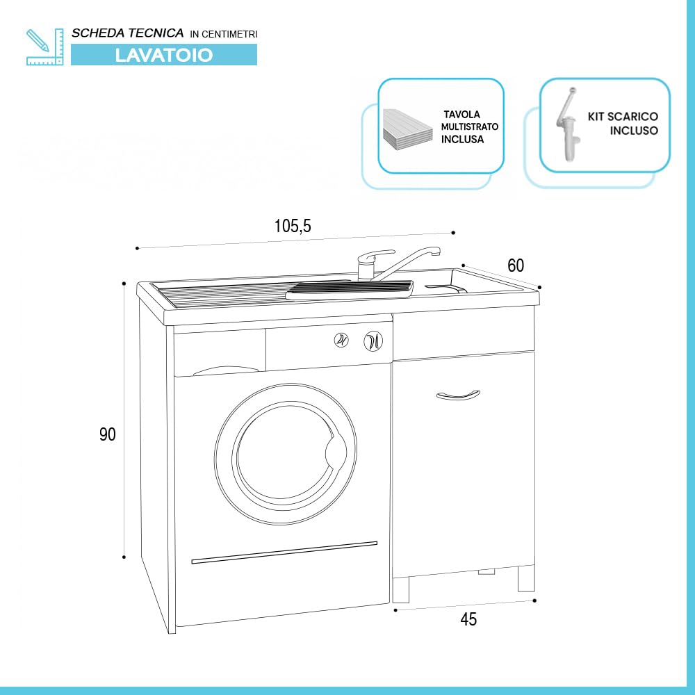 Inbagno Mobile Coprilavatrice Con Lavatoio 106x60 Cm Bianco Opaco Con Vasca A Destra, Anta Contenitiva, Asse Lavapanni E Kit Scarico Inclusi – Mobile Lavanderia Linea Medea