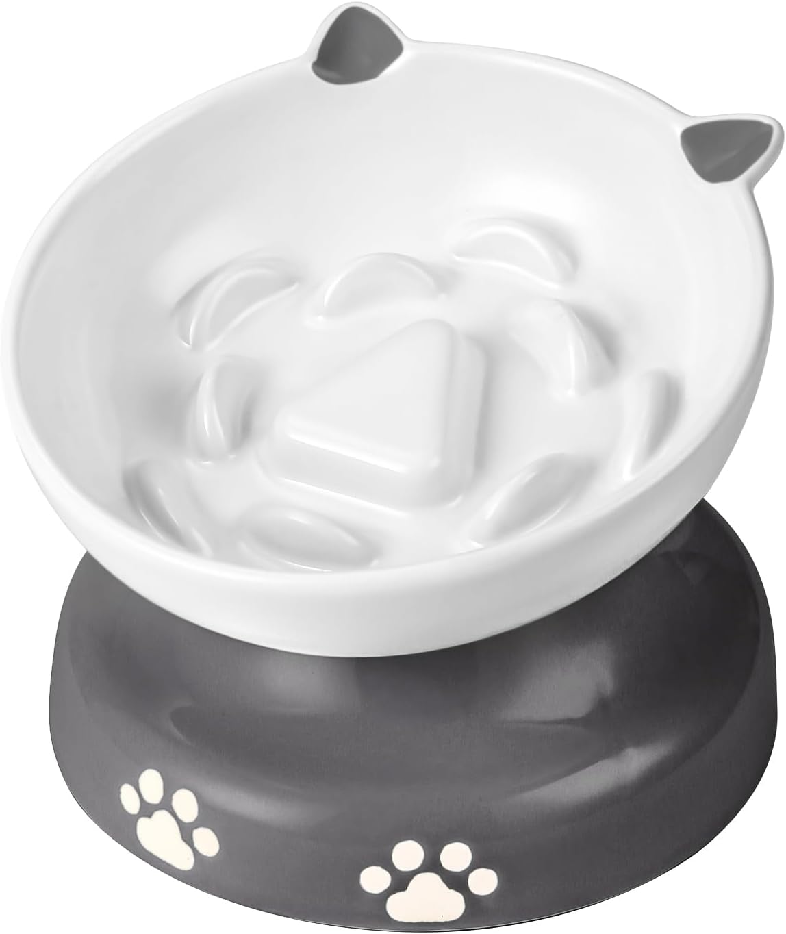 Y YHY Slow Feeder Cat Bowl, Ceramic Elevated Cat Bowl Tilted Design Slow Feeder for Dog and Cat for Dry and Wet Food, Gray