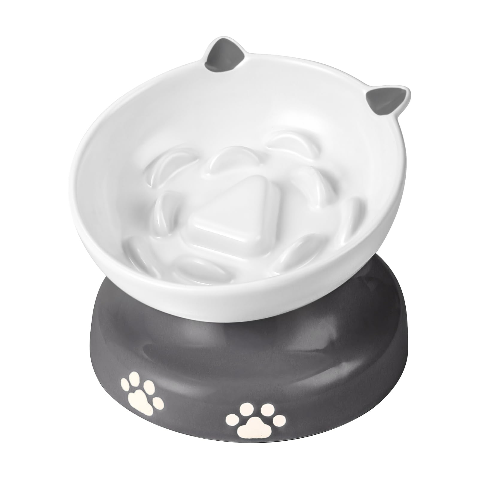 Y YHY Slow Feeder Cat Bowl, Ceramic Elevated Cat Bowl Tilted Design Slow Feeder for Dog and Cat for Dry and Wet Food, Gray