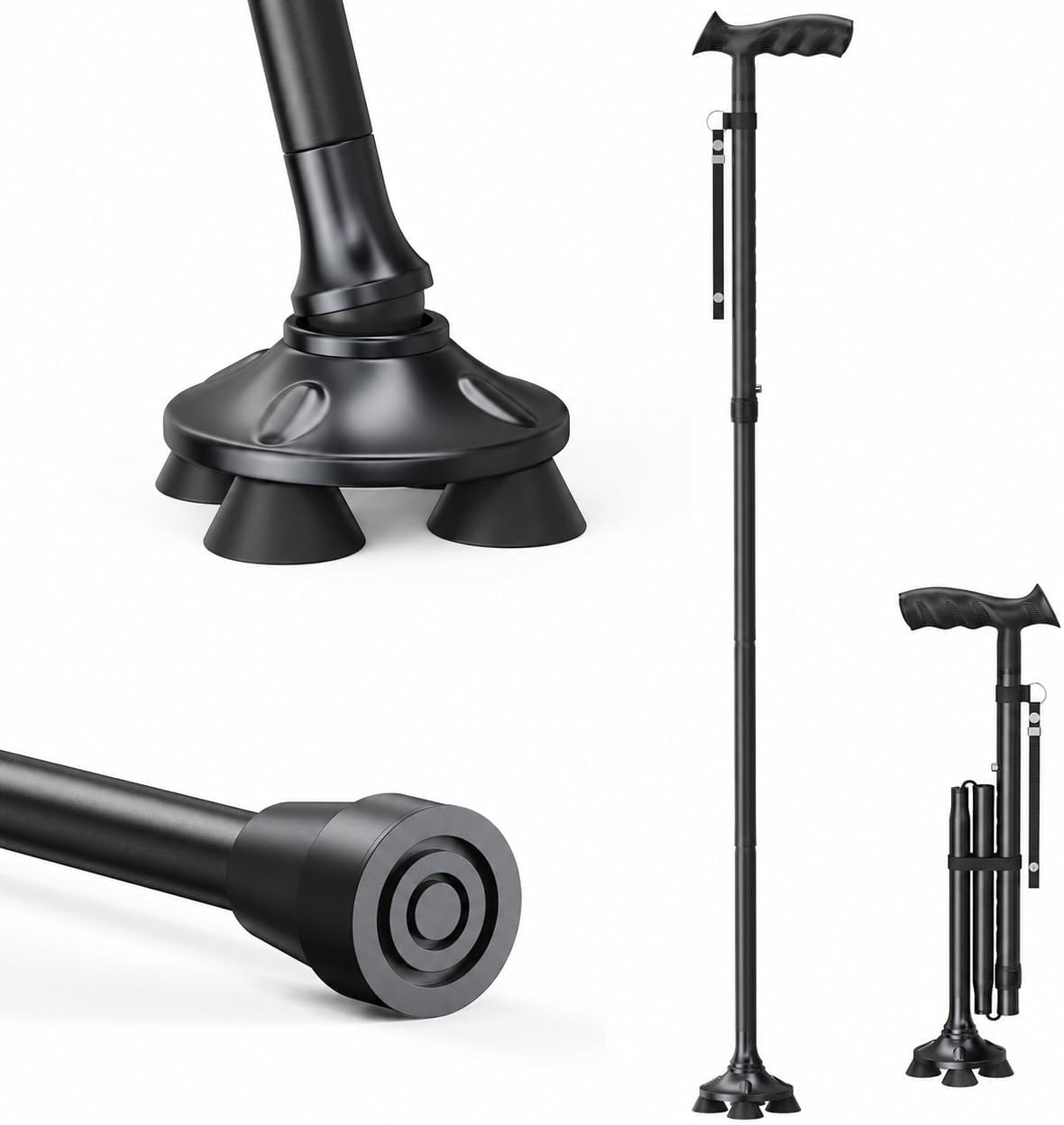 Walking Cane for Men & Women, Sturdy Walking Sticks for Seniors | Foldable, Adjustable, All Terrain Tips for Daily Use/Travel, Comfort Grip, Free Standing, Heavy-duty Aluminum, Black