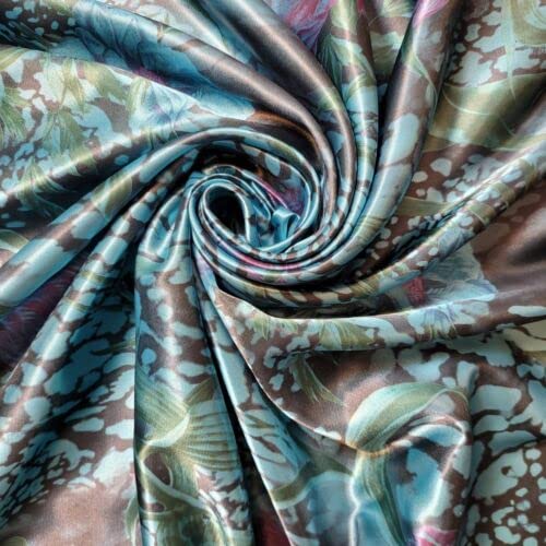 TEXTILE STATION Polyester Satin Fabric Butterfly Print 105 GSM 58 Inches Wide Craft Material by The Meter (Turquoise Tropical Leopard)