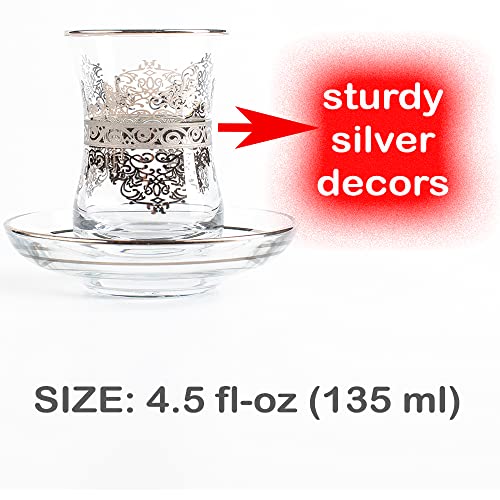Vintage Turkish Tea Glasses Cups Set Of 6 And Saucers With Arabic Moroccan Decorative Silver For Kettle Teapot Mugs Teacups Serving Fancy Coffee Drinking Tray Women Adults Party Gift Style Floral #TOP5