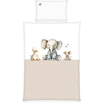 Herding Babybest Toddler Bedding Set Cuddle Crew Reversible Motif Duvet Cover 100 x 135 cm Pillowcase 40 x 60 cm with Envelope Envelope and Zip 100% Cotton/Renforc  White/Beige
