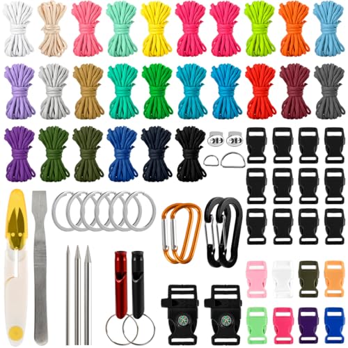 POUMUE Paracord Combo Kits, 26 Colores Cuerda de Paracaídas con 22 Hebillas, Kits de Paracord para Deportes Llaveros Cuerda de Tienda Correas para Perros, Colorido Cuerdas de Supervivencia de 4 mm