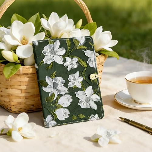 ipoul A5 Binder 6 Ringbuch Nachfüllbar Notizbuch Stickerei Journal Budget Binder Liniertes Notizbuch Liniertes Papier Geschenk für Frauen Planer Binder Schwarzer Stoff Magnolie Blume Geschenk für Oma