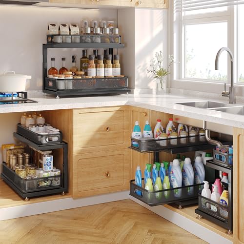 Image of 1 Pack Under Sink Storage Organizer with 2-Tier Slide Out Drawer, Sophisticated Mesh Pull Out Shelf for Kitchen & Bathroom, Fits Small Items, Upgraded Arched Track for Smooth Gliding-Black