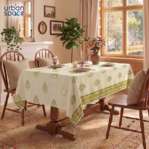 Image of Urban Space 100% Cotton Dining Table Cover for 4 Seater, Gold Foil Printed Cotton Table Cloth for Center Table, Dining Room Table Cover (Size 48 inch x 72 inch - 4 Seater, Zari Buta Sage Green Gold)