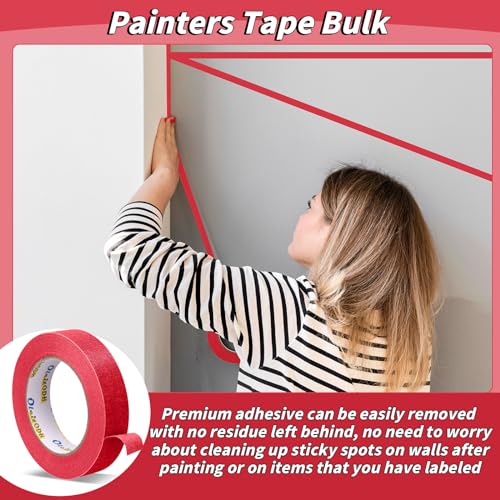 Image of Oleitodh 15 Rolls Red Painters Tape Bulk 1 inch x 825 Yards, Painters Masking Tape No Residue Wall Painting Tape Artist Tape Trim Edge Finishing Tape for Wall Painting Decoration DIY Supplies