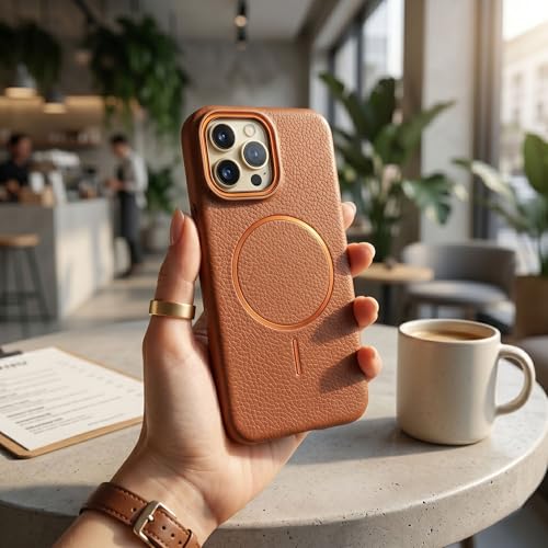 Image of amazon basics Luxury MagSafe Compatible Leather Texture Back Cover for iPhone 13 Pro | Raised Camera Protection | Slim Fit Shockproof Case with Metallic Accents (Orange)