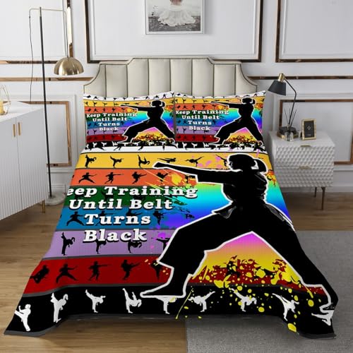 Erosebridal King Size 3 Pieces Karate Kungfu Coverlet Set, Taekwondo Player Silhouette Quilts Racer Training Bedspread Sets with 2 Pillowcases for Teenager Kids Boys Graffiti Colorful Bed Set