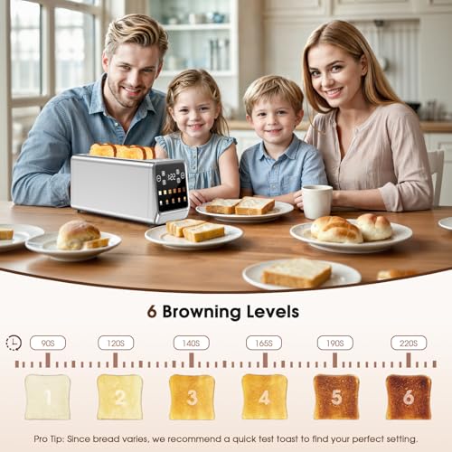 Image of Toaster 4 Slice Long Slot with Digital Touchscreen & 1-Touch Memory for Family | Stainless Steel for Bagels & Artisan Bread | Defrost Reheat & Single-Slice Modes