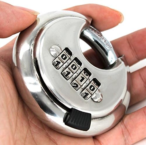 Large 4 Digital Combination disc Padlock Stainless Steel Rust Door Warehouse Outdoor Round Cake Tray Padlock Discus Lock with Hardened Steel Shackles Shelf Storage Unit Silver Lock School Gym