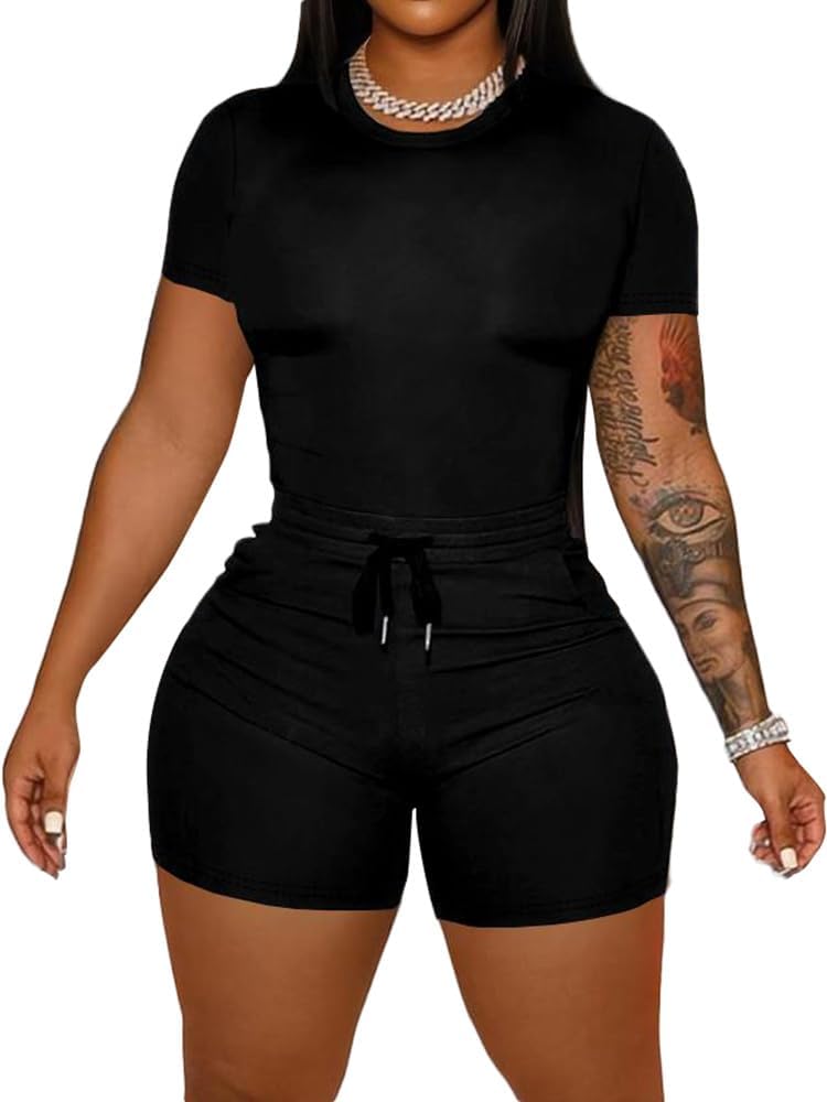 HBQ Women‘s 2 Piece Outfits Summer Sweatsuits Biker Short Workout Sets Black Small