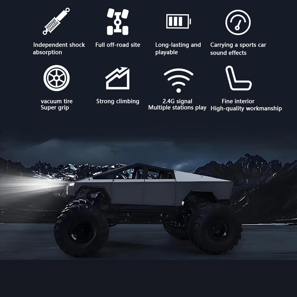 1/8 Scale Large Remote Control Cyber Pickup Truck, 4WD Off-Road RC Monster Truck, 2.4Ghz All-Terrain Climbing Car with Sound & Light Effects, Alloy Body, Ideal Gift for Kids Age 6+