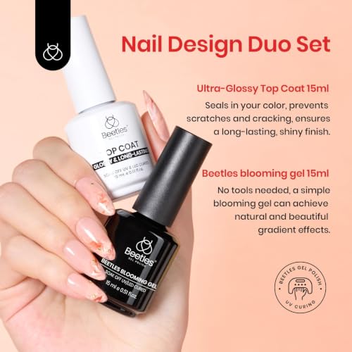 Image of Beetles Blooming Gel and Glossy Top Coat Set, 2 Pcs 15ml Soak Off UV LED Gel Nail Polish, Easy Marble Watercolour Blooming Effect, Long Lasting High Shine Finish
