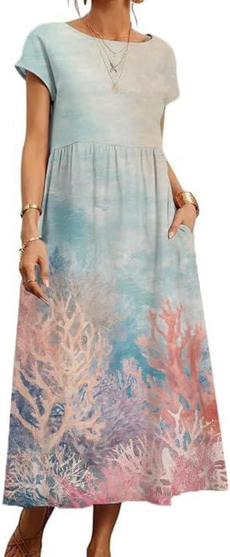 Boho Maxi Dress Floral Cap Sleeve High Waist Smocked Flowy Casual Church Summer Lon...