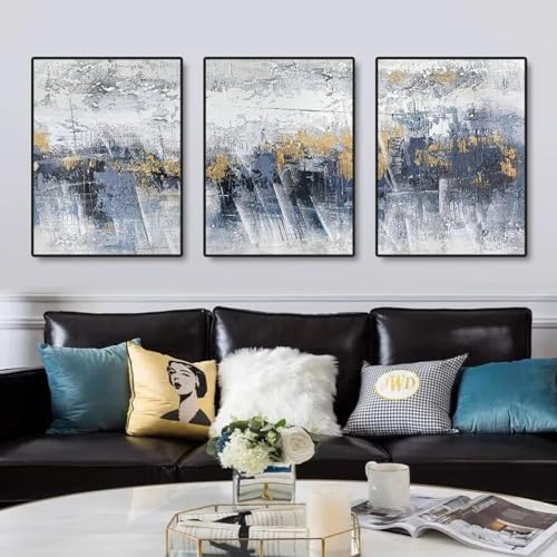 Art mural sur toile abstrait bleu or triptyque 40x50cm x3 déco murale séjour