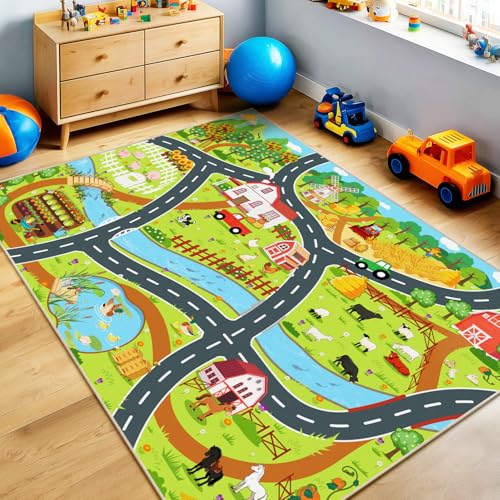 Pionblank Kids Rug for Playroom Farm Pasture Non-Slip Car Rug 3x4