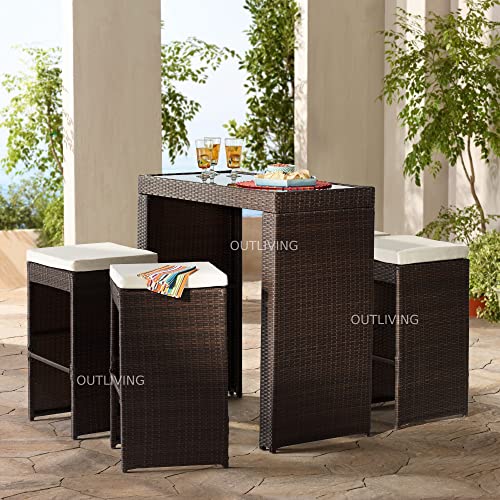 Image of OUTLIVING Rattan Wicker Outdoor Bar Patio Table with 4 Chairs Set for Home Graden Balcony 4 Seater High Bar Patio Furniture Table and Chairs -(Cream Cushion, Brown)
