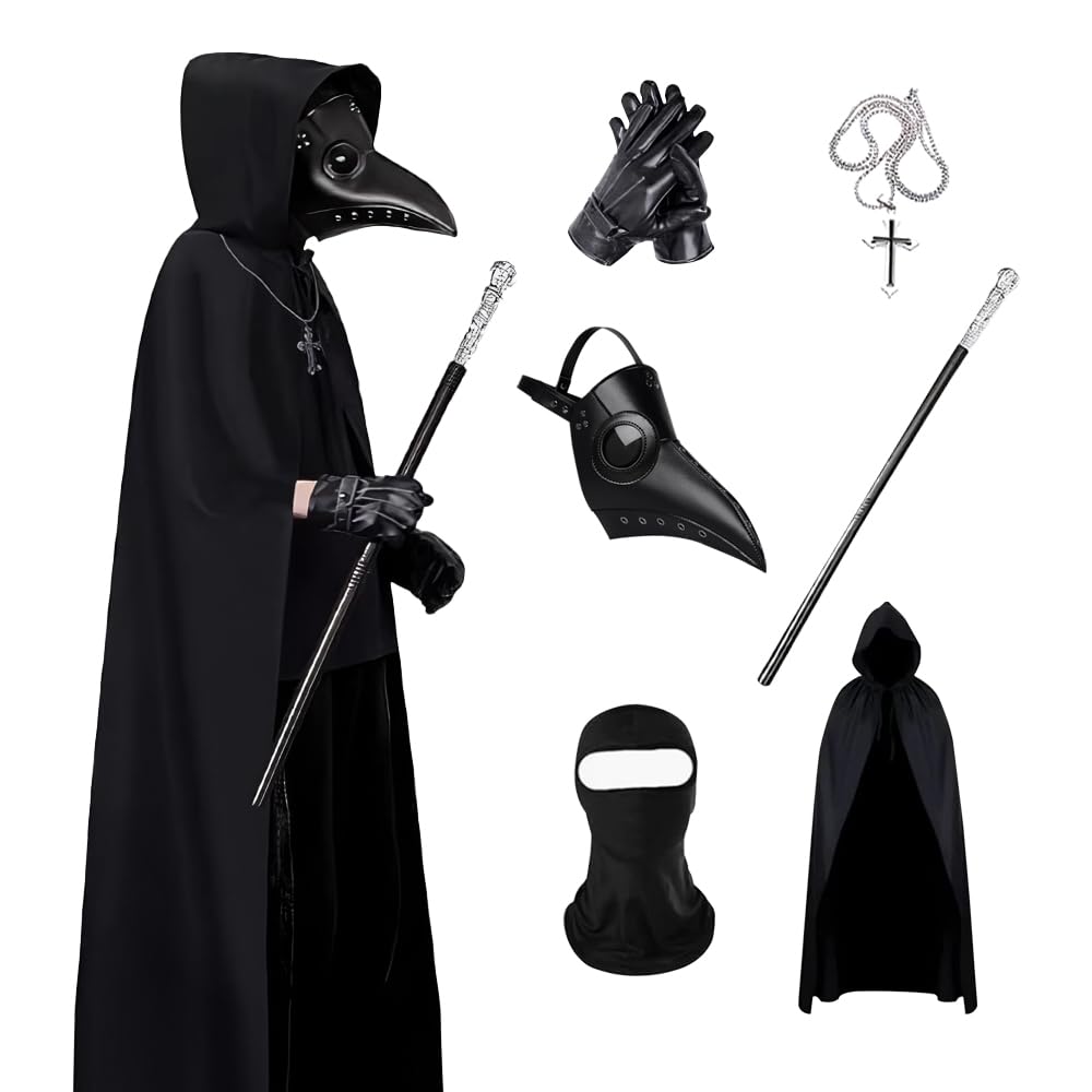 Medico Della Peste Costume, Halloween Plague Doctor Costume con maschera medico della peste,Scettro,Guanti,Collana,Croce Mantello,Costume Medico Della Peste Uomo,Costume Halloween per Adulto