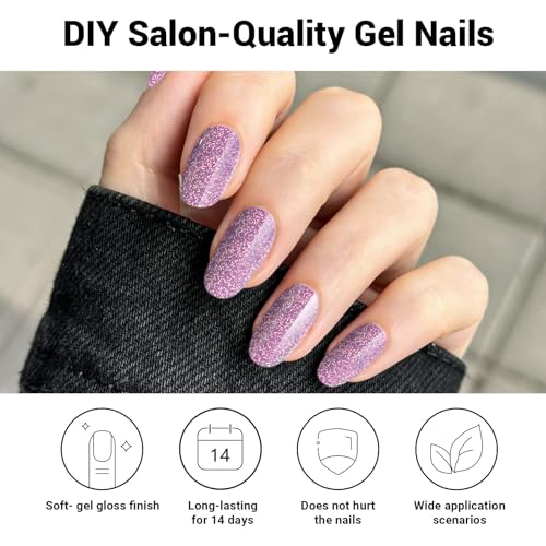 DUKASOU Semi Cured Gel Nail Strips, Purple Sparkle | 28 pcs Gel Nail Strips Work with Any UV Lamp, Salon Quality UV Nails Stickers, Easy to Apply for Home Nails DIY