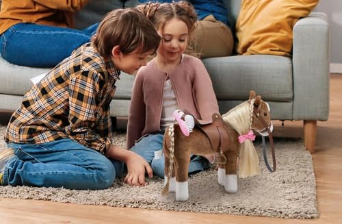 BEJOY Plüsch Pferd Spielzeug, Kämmpferd Plüschpferd Plüsch Spielzeug mit Sattel, Zaumzeug und Baumwolltuch, Pretend Play Pferd Geschenk für Mädchen Kinder, 28cm Braun