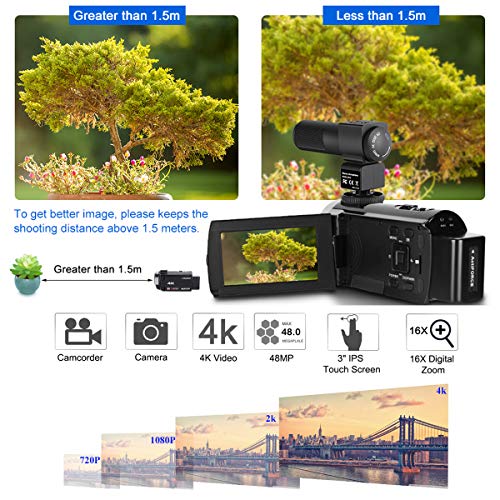 FamBrow 4K Video Camera Camcorder Ultra HD WiFi YouTube Vlogging Camera 48MP 3.0 Inches IPS Touch Screen 16X Digital Zoom IR Night Vision Beginner Camcorder with External Microphone Remote Control