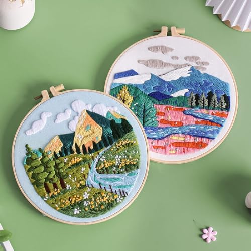 Image of Konrisa 3 Pcs Landscape Embroidery Kits, Mountain Flower Village Pattern Cross Stitch Kit, DIY Sewing Practice Kits for Adults Home Decoration,Include Embroidery Cloth Threads and Needles,1pc Hoops