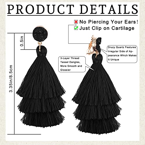CASSIECA Tassel Statement Earrings for Women Clip On Drop Earrings Colorful Bohemian Tiered Tassel Druzy Dangle Drop Earrings Non Piercing Jewelry Birthday Christmas Valentines Day Gift2
