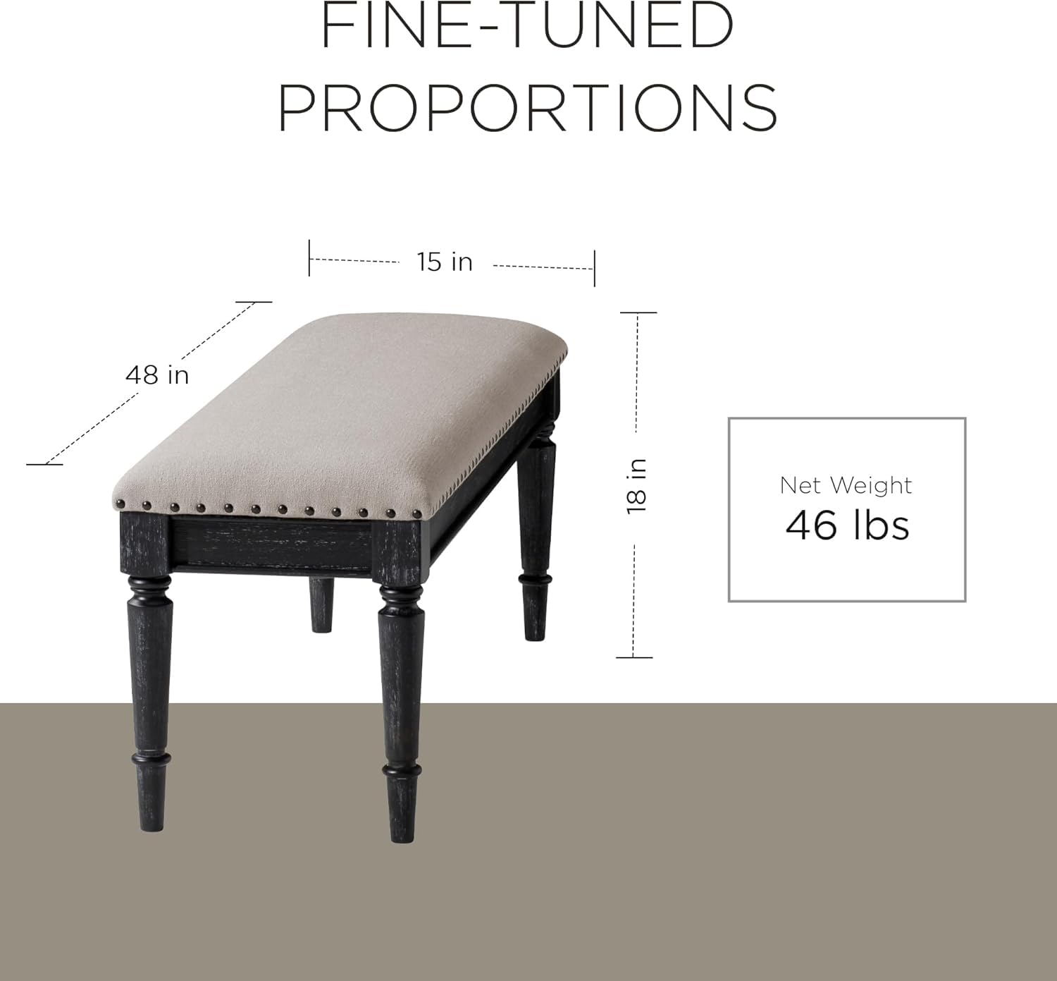 Maven Lane Elizabeth Traditional Wooden Upholstered Bench, Padded Seat for Kitchen Dining Room Table or Entryway in Antiqued Black Finish