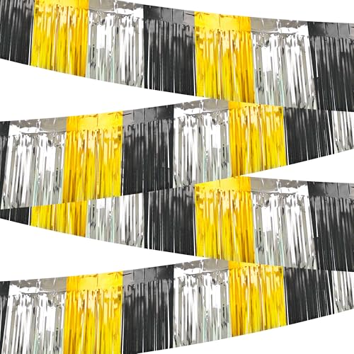 Image of 4 Packs Total 39 Ft Parade Floats for Trailer Car, Black Gold Silver Foil Fringe Garland Tinsel Streamers Banner Table Skirts for Graduation Homecoming New Year's Eve Birthday Party Decor