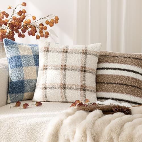 Image of Foindtower Pack of 2 Soft Faux Fur Boucle Throw Decorative Pillow Covers Fuzzy Accent Check Cushion Sherpa Boho Farmhouse Pillowcase for Couch Sofa Bed Living Room Home Decor 20x20 Inch,Natural Beige