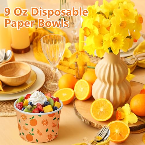 Image of Funnymoom 50 Pack Orange Ice Cream Cups 9 oz Orange Disposable Dessert Bowls Little Cutie Paper Soup Bowls Snack Cups for Hot or Cold Food for Summer Fruit theme Baby Shower Wedding Birthday Party