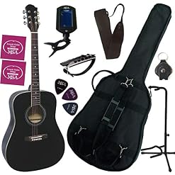 PACK GUITARE Acoustique Folk Noire 9 Accessoires - Les Beatles, Paul McCartney, John Lennon, RIngo Starr, George Harrison